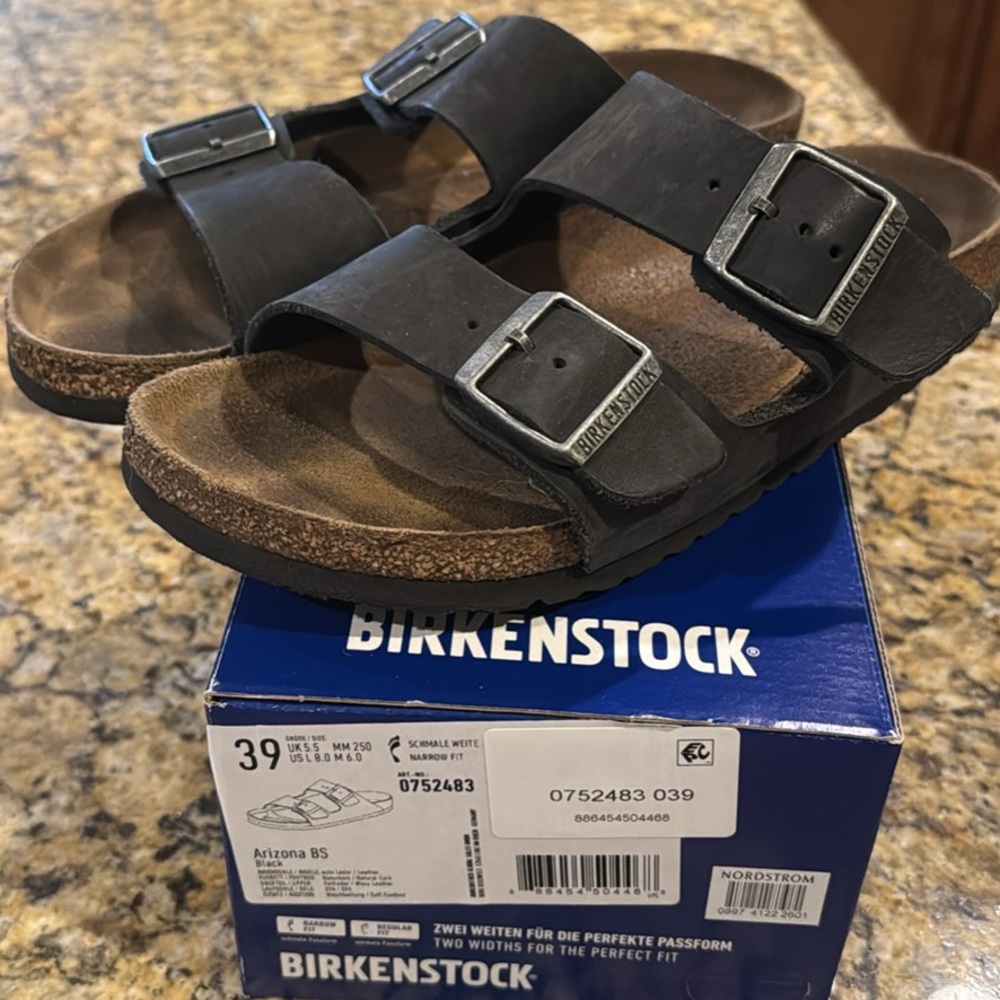 Men’s Size 6 EUR 39 Birkenstock 2 Buckle Leather Sandals with box